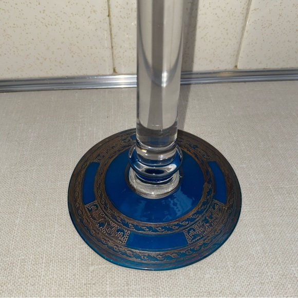 Vintage‎ Blue & Clear Glass Candlestick Bronze Color  Etching Accents main image 12